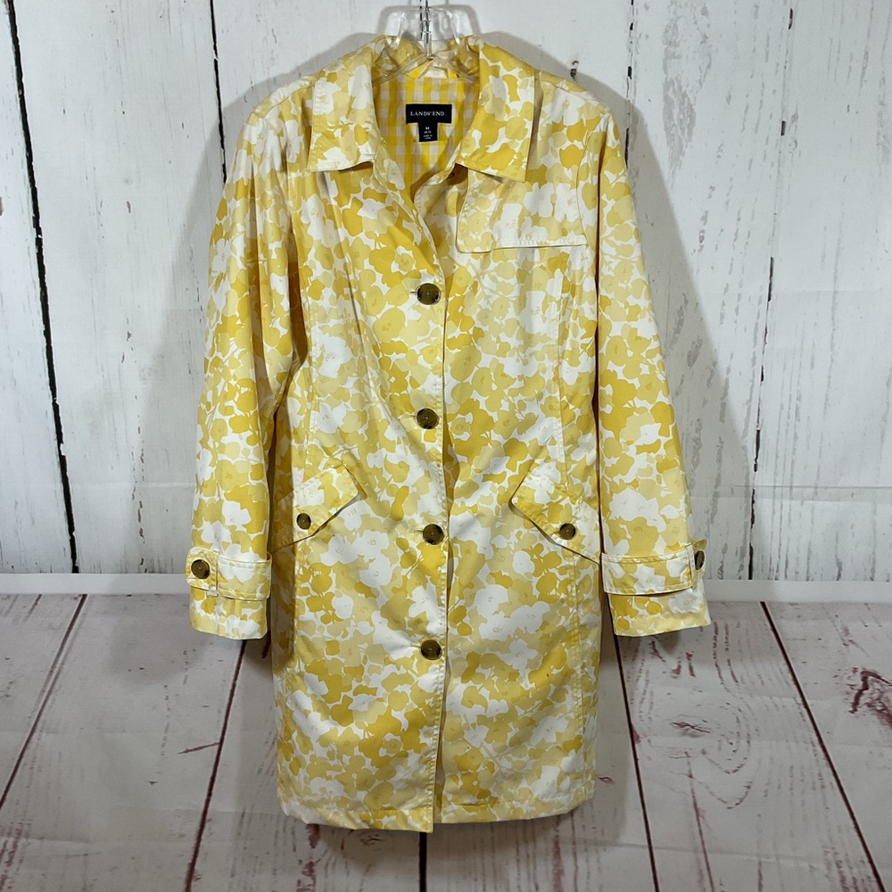 Lands' End Women's Trench Raincoat Yellow Floral Classic Size M 10-12